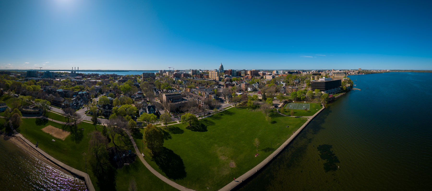 Madison, Wisconsin, aerial view of downtown, the lake and the Capitol