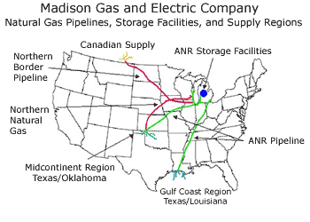 Map of gas pipelines, storage facilities and supply regions.
