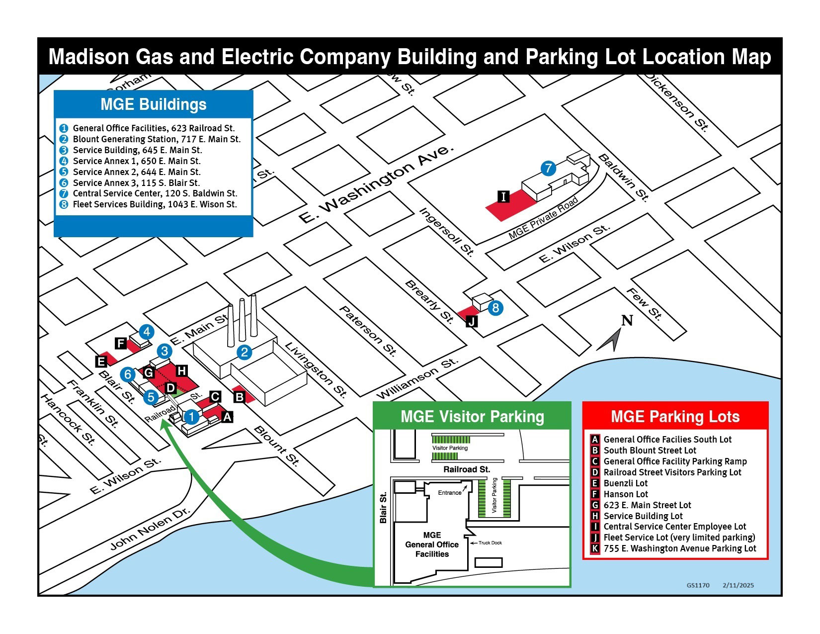 Map of MGE buildings and parking lots