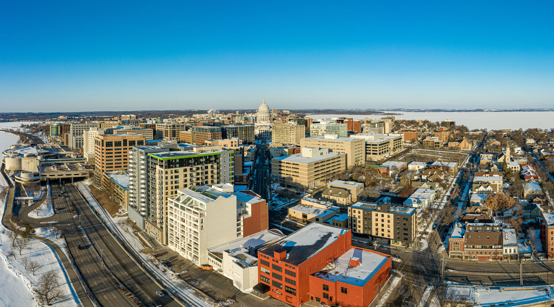 Madison, Wisconsin, aerial view of downtown and the Capitol