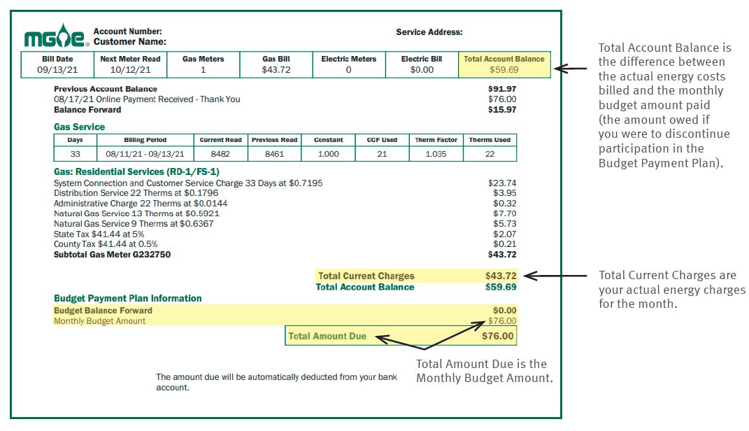 Sample bill for a customer on a Budget Payment Plan.