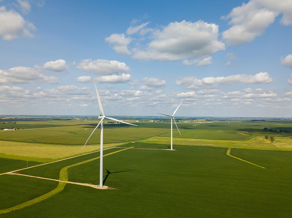 Aerial view of wind turbines.