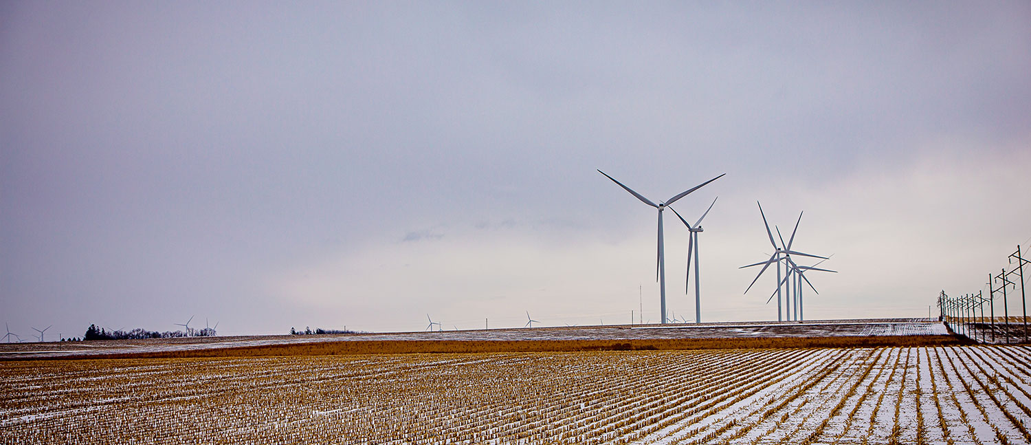 Wind farm in winter under cloudy skies.