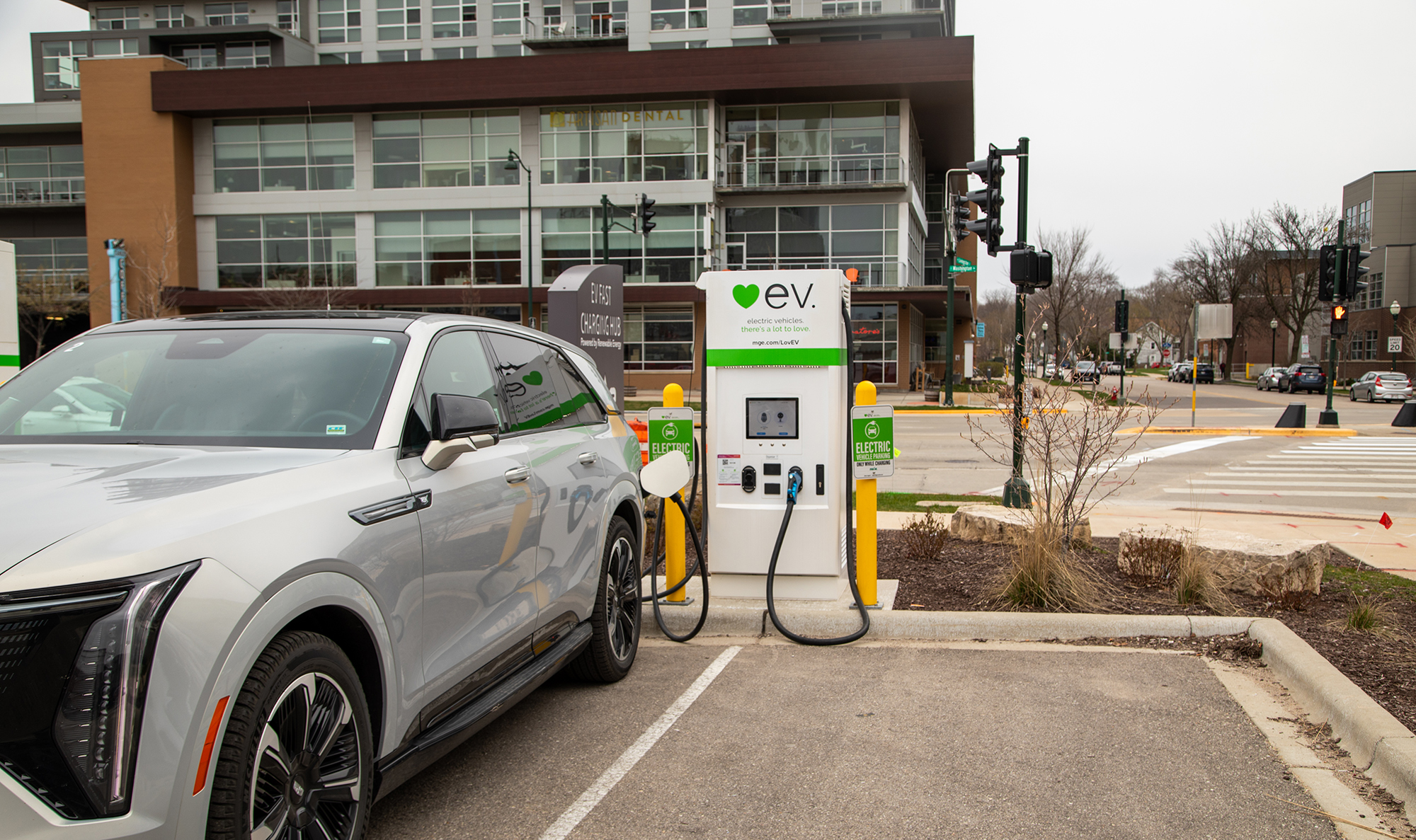 Electric vehicle charging at MGE's Fast-Charging Hub.