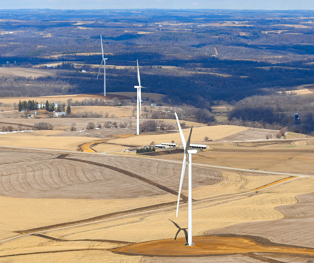 Aerial view of wind turbines at Red Barn Wind Farm.