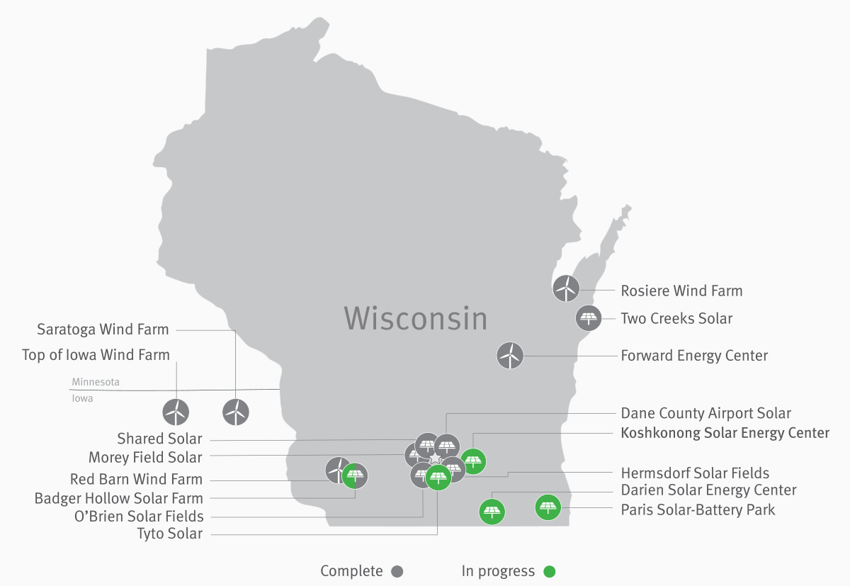 Map of MGE wind and solar projects