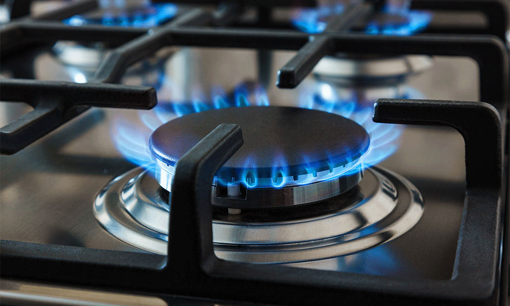 A closeup of a natural gas stove burner.